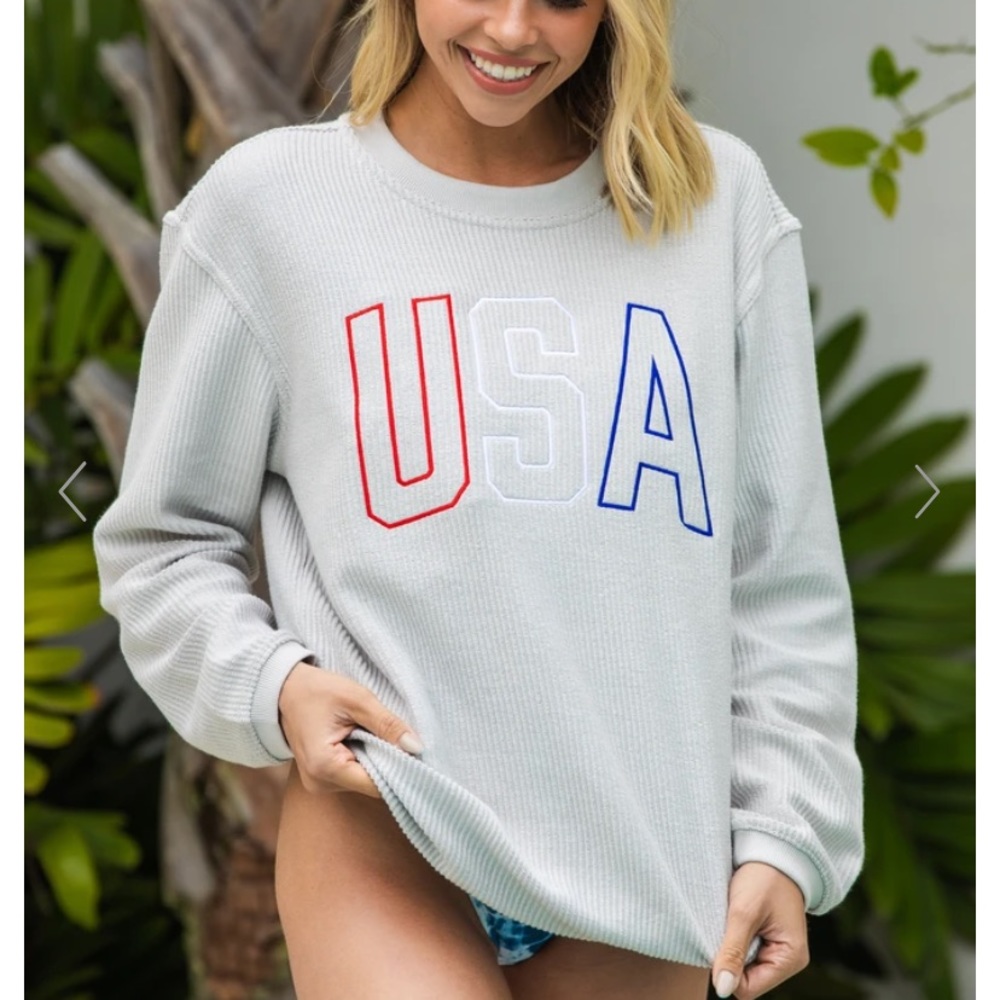 USA Silver Gray Embroidered Corded Sweatshirt-L